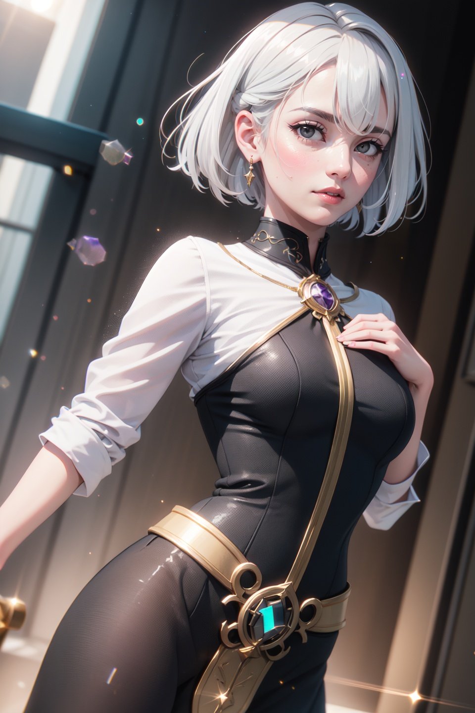 (realistic:1.2), (masterpiece, best quality, ultra-detailed), (beautiful detailed face, beautiful detailed eyes, volumetric lighting),1girl, solo, (dutch angle:1.3),(white hair, grey eyes:1.4), small breasts, choppy bob hair,(amethyst luxury fashion, gold tabard:1.2), plague doctor mask,mksks style, (beautiful detailed stream, morning:1.2), (light particles, lens flare, chromatic aberration:1.3),