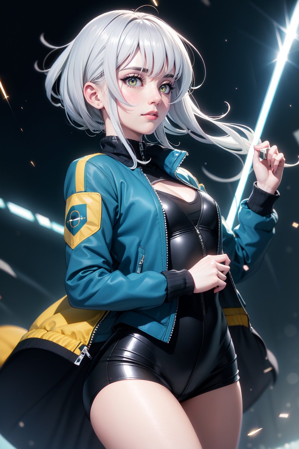 (realistic:1.2), (masterpiece, best quality, ultra-detailed), (beautiful detailed face, beautiful detailed eyes, volumetric lighting),1girl, solo, (dutch angle:1.3),(silver hair, amber eyes:1.4), small breasts, quiff hair,(jade outerwear, blue cropped jacket (bolero):1.2), mask,mksks style, (beautiful detailed ravine, twightlight:1.2), (light particles, lens flare, chromatic aberration:1.3),