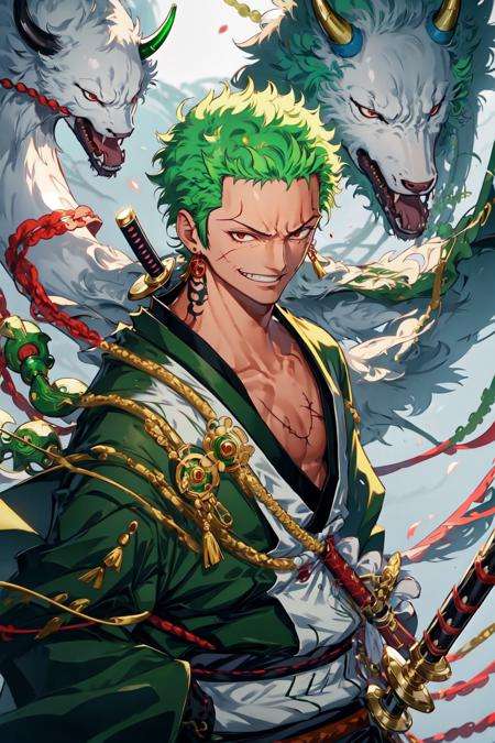 zoro, solo, looking at viewer, smile, short hair, red eyes, 1boy, holding, jewelry, upper body, weapon, male focus, earrings, japanese clothes, green hair, horns, sword, kimono, holding weapon, from side, tattoo, glowing, scar, holding sword, katana, scar on face, scar across eye<lora:Zoro-07:1>