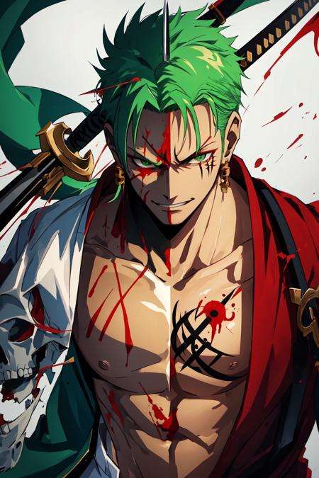 <lora:Zoro-01:1> zoro, solo, short hair, 1boy, weapon, male focus, japanese clothes, green eyes, green hair, sword, kimono, tattoo, scar, katana, fire, pectorals, sheath, scar on face, skull, scar across eye, scar on chest, multiple swords, black background, masterpiece, skulls background, realistic, blood wall, On a bloody wall, blood spatter, smile, laugh