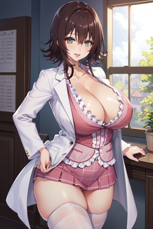 (masterpiece, best quality:1.2), , cowboy shot, solo, 1girl, mikado ryouko, smile, looking at viewer, hand in pocket, labcoat, pink skirt, thighhighs, cleavage, ,Big eyes, big pupil, full lips, (gigantic breasts:1.2)