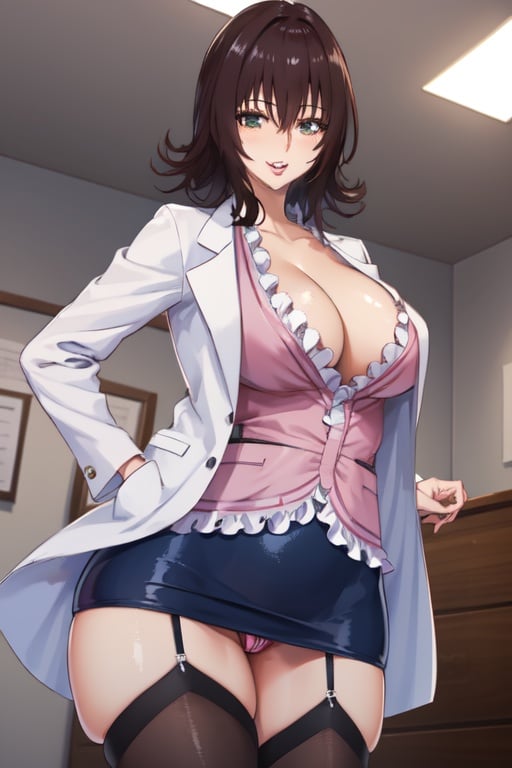 (masterpiece, best quality:1.2), , cowboy shot, solo, 1girl, mikado ryouko, smile, looking at viewer, hand in pocket, labcoat, skirt, thighhighs, cleavage, big pupil, long eyeslash, full lips 