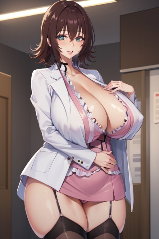 (masterpiece, best quality:1.2), , cowboy shot, solo, 1girl, mikado ryouko, smile, looking at viewer, hand in pocket, labcoat, pink skirt, thighhighs, cleavage, ,Big eyes, big pupil, full lips, (((gigantic breasts:1.2)))