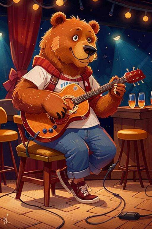 a Bear playing guitar in a club, whimsical