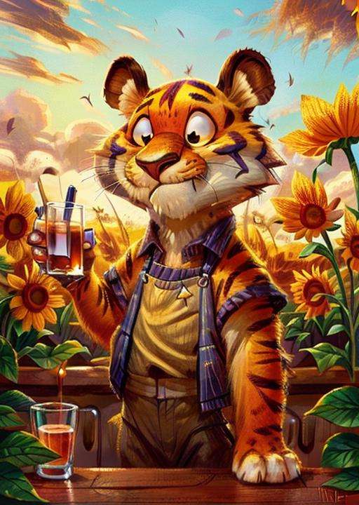 a bartender Tiger behind a counter, Sunflower Field at Daybreak