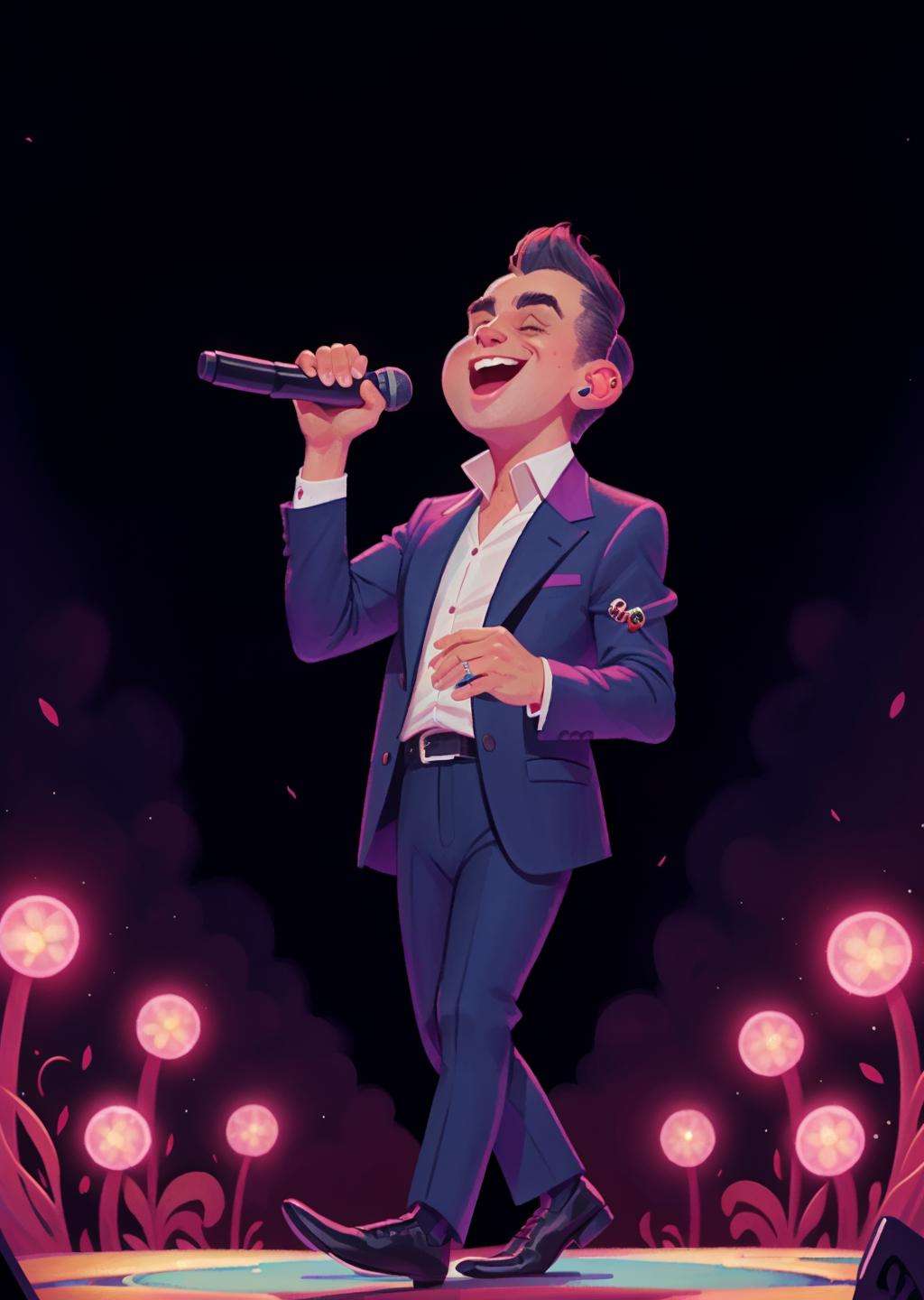 Robbie Williams singing in a concert, whimsical 