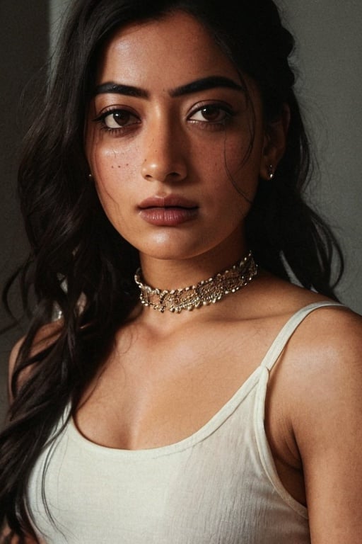 Take a closeup photo of a woman , wearing a traditional tank top and a stylish collar or choker jwellery, showcasing her freckles and a small, intriguing tattoo on her arm. The woman should have a slight smirk on her face, and her detailed face, especially her detailed nose, should be the focal point of the image. Use the rule of thirds composition to frame her face beautifully, and enhance the photo with dramatic lighting to add depth and intensity. Place the woman against an intricate background that complements her personality and adds to the overall story of the photograph.",rashmika 