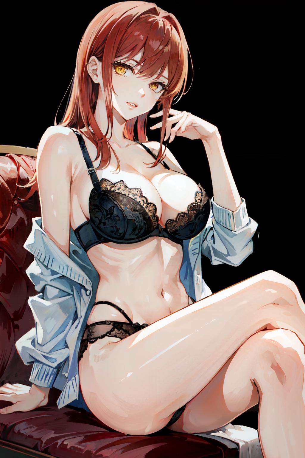 <lora:makima:1>makima\(chainsaw man\), panties, red hair, large breasts, solo, underwear only, looking at viewer, black bra, crossed legs, yellow eyes, 1girl, black panties, bra, lips, underwear, simple background, lingerie, cleavage, black background, sitting