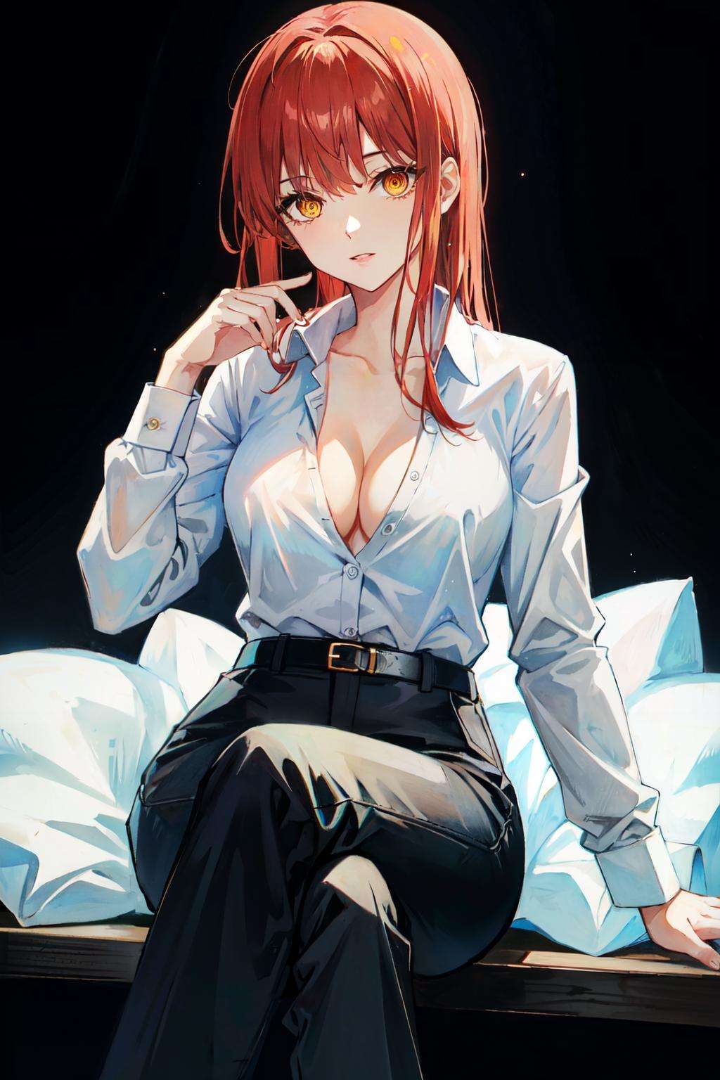 <lora:makima:1>makima\(chainsaw man\), long sleeves, red hair, solo, looking at viewer, black pants, crossed legs, yellow eyes, 1girl, white shirt, medium breasts, ringed eyes, shirt, lips, simple background, cleavage, black background, collared shirt, sitting