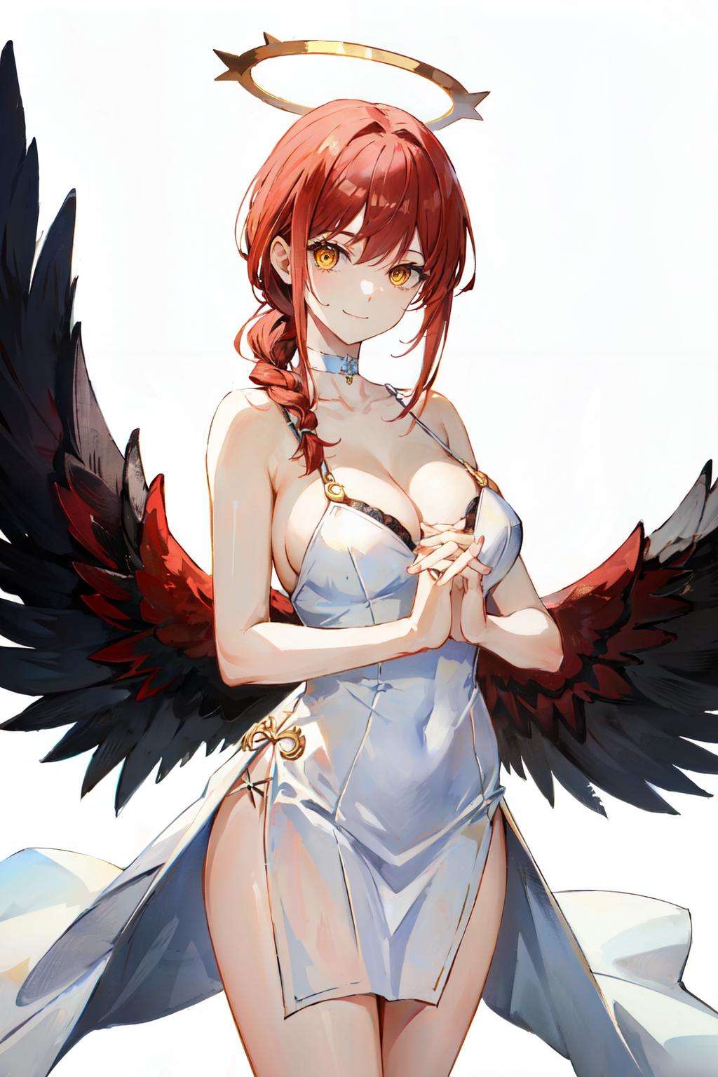 <lora:makima:1>makima\(chainsaw man\), sidelocks, smile, red hair, long hair, large breasts, solo, halo, looking at viewer, dress, yellow eyes, white choker, bare shoulders, 1girl, braided ponytail, ringed eyes, braid, own hands together, white dress, simple background, cleavage, thighs, white background, choker, closed mouth, sleeveless dress