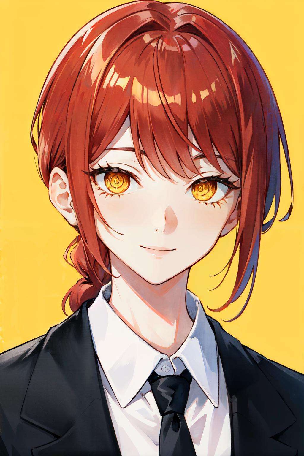 <lora:makima:1>makima\(chainsaw man\), smile, red hair, yellow background, necktie, solo, formal, looking at viewer, black jacket, yellow eyes, suit, 1girl, white shirt, braided ponytail, ringed eyes, shirt, braid, simple background, closed mouth, black necktie, jacket, collared shirt