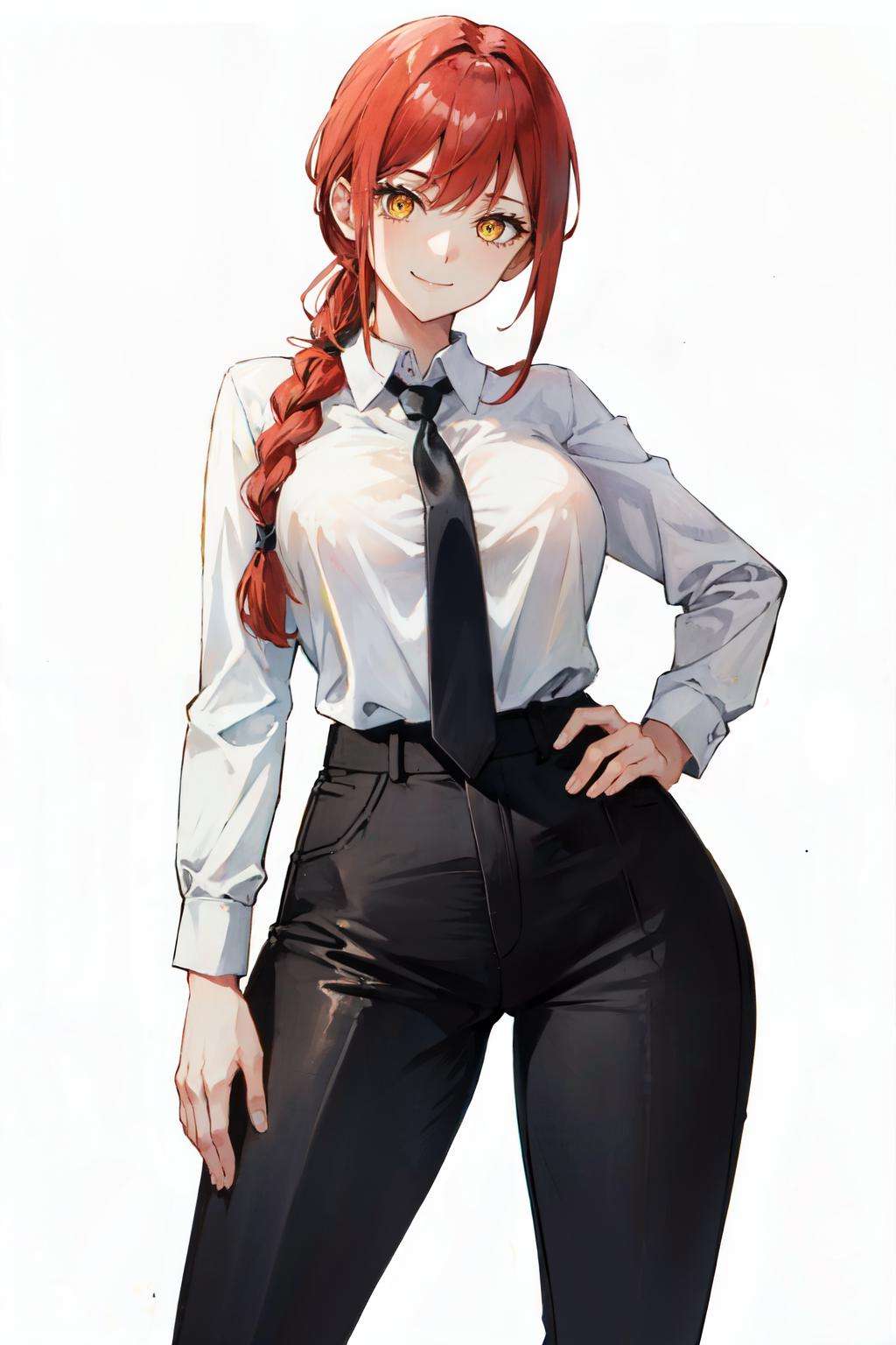 <lora:makima:0.8>makima\(chainsaw man\), smile, long sleeves, red hair, necktie, large breasts, solo, looking at viewer, thick thighs, hand on hip, pants, black pants, yellow eyes, 1girl, white shirt, braided ponytail, ringed eyes, high-waist pants, shirt, braid, shirt tucked in, simple background, white background, black necktie, collared shirt