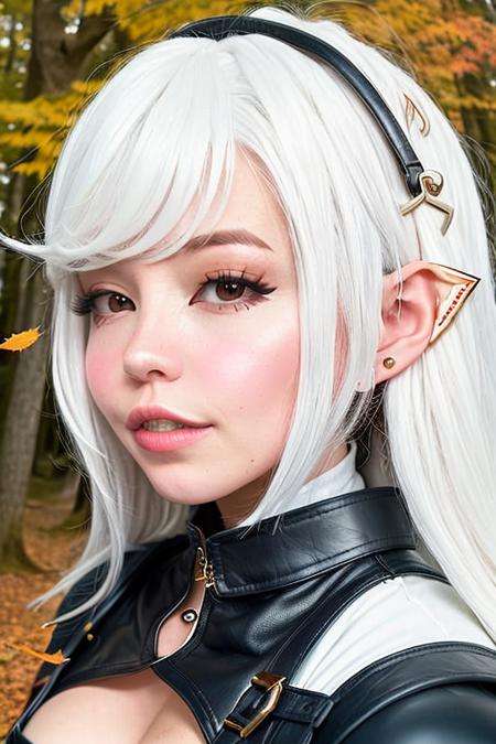 white haired woman, pointy ears, fantasy leather gear, autumn forest, falling autumn leaves, high detail, 4k, HDR, Canon EOS R5, portrait shot <lora:DI_belle_delphine_v1:1.0>