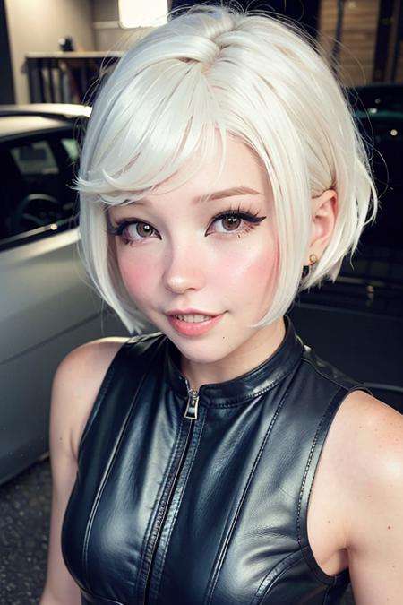 a woman (wearing a leather vest:1.2), (face closeup:1.1), (short white hair:1.1), (short haircut:1.2),  (8k, RAW photo, best quality, masterpiece:1.2), (realistic, photo-realistic:1.2), ultra-detailed, (high detailed skin:1.1), 8k uhd, dslr, soft lighting, high quality, film grain, Fujifilm XT3, professional lighting, photon mapping,  best quality, ultra high res, (photorealistic:1.1), (in a car garage:1.4) <lora:DI_belle_delphine_v1:1.0>