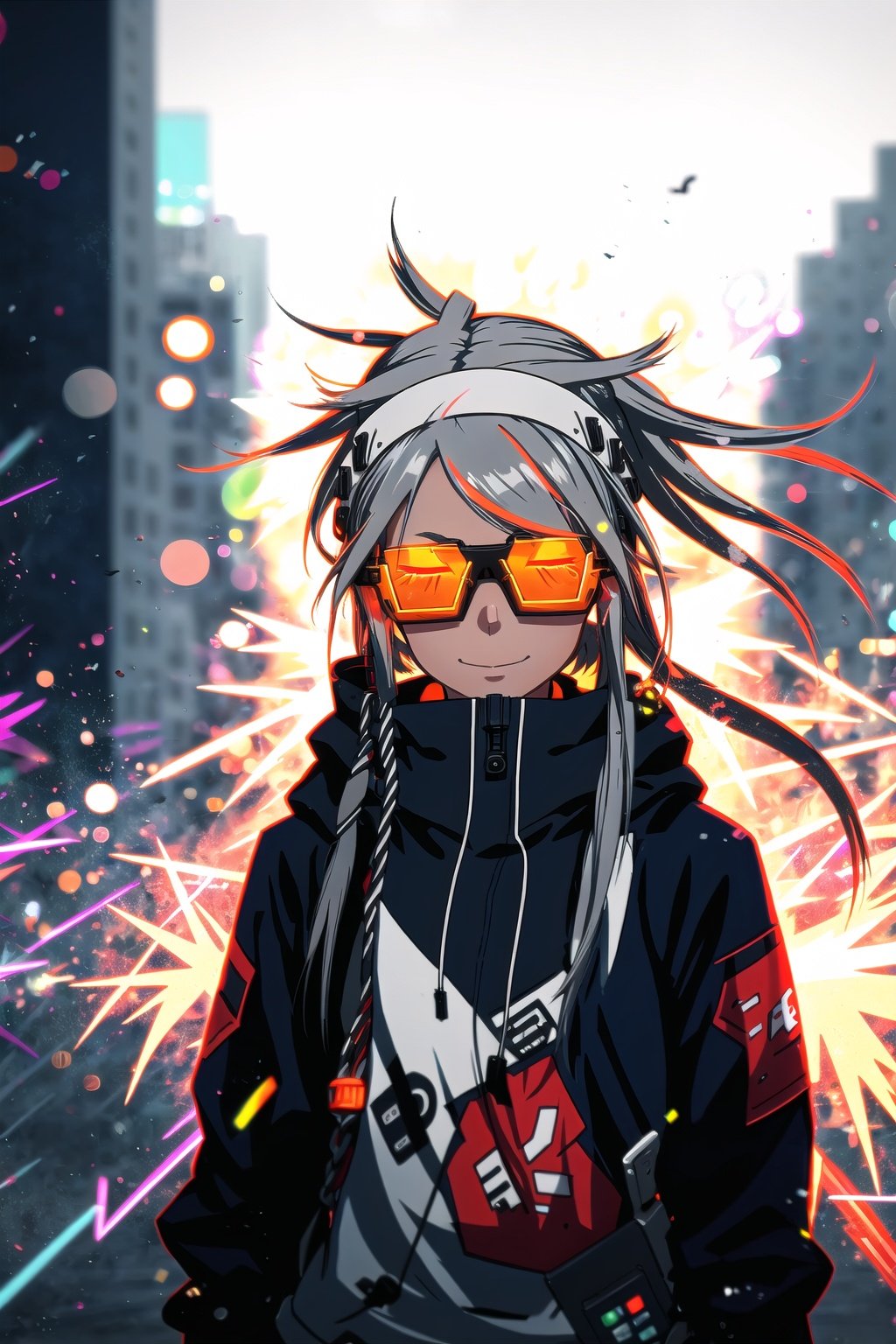 guiltys, happy, a girl, pixel glasses on, gray dreads hair, showing love, upper body, deal with it, (bokeh:1.1), depth of field, style of Mattias Adolfsson, tracers, vfx, splashes, lightning, light particles, electric, white background