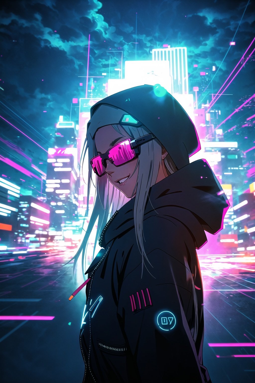 guiltys, happy, a girl, pixel glasses on, gray dreads hair, hoody on, upper body, deal with it, dj theme, synthwave theme, (bokeh:1.1), depth of field, style of Alena Aenami, tracers, vfx, splashes, lightning, light particles, electric, white background