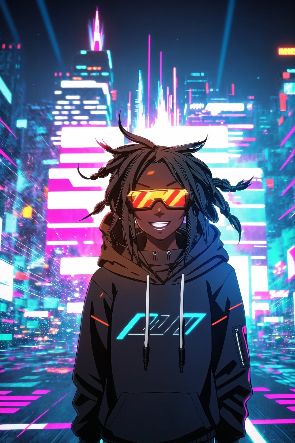 guiltys, huge smile, a girl, pixel glasses on, gray dreads hair, hoody on, upper body, deal with it, dj theme, synthwave theme, (bokeh:1.1), depth of field, style of Alena Aenami, tracers, vfx, splashes, lightning, light particles, electric, white background