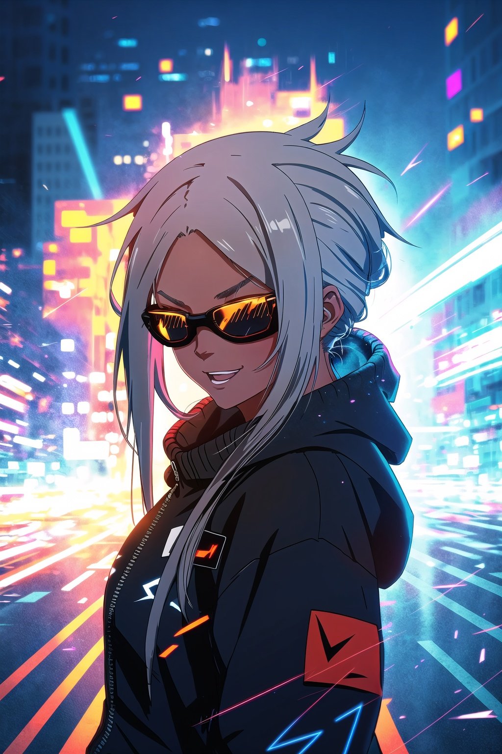 guiltys, happy, a girl, pixel glasses on, gray dreads hair, hoody on, upper body, deal with it, (bokeh:1.1), depth of field, style of Alena Aenami, tracers, vfx, splashes, lightning, light particles, electric, white background