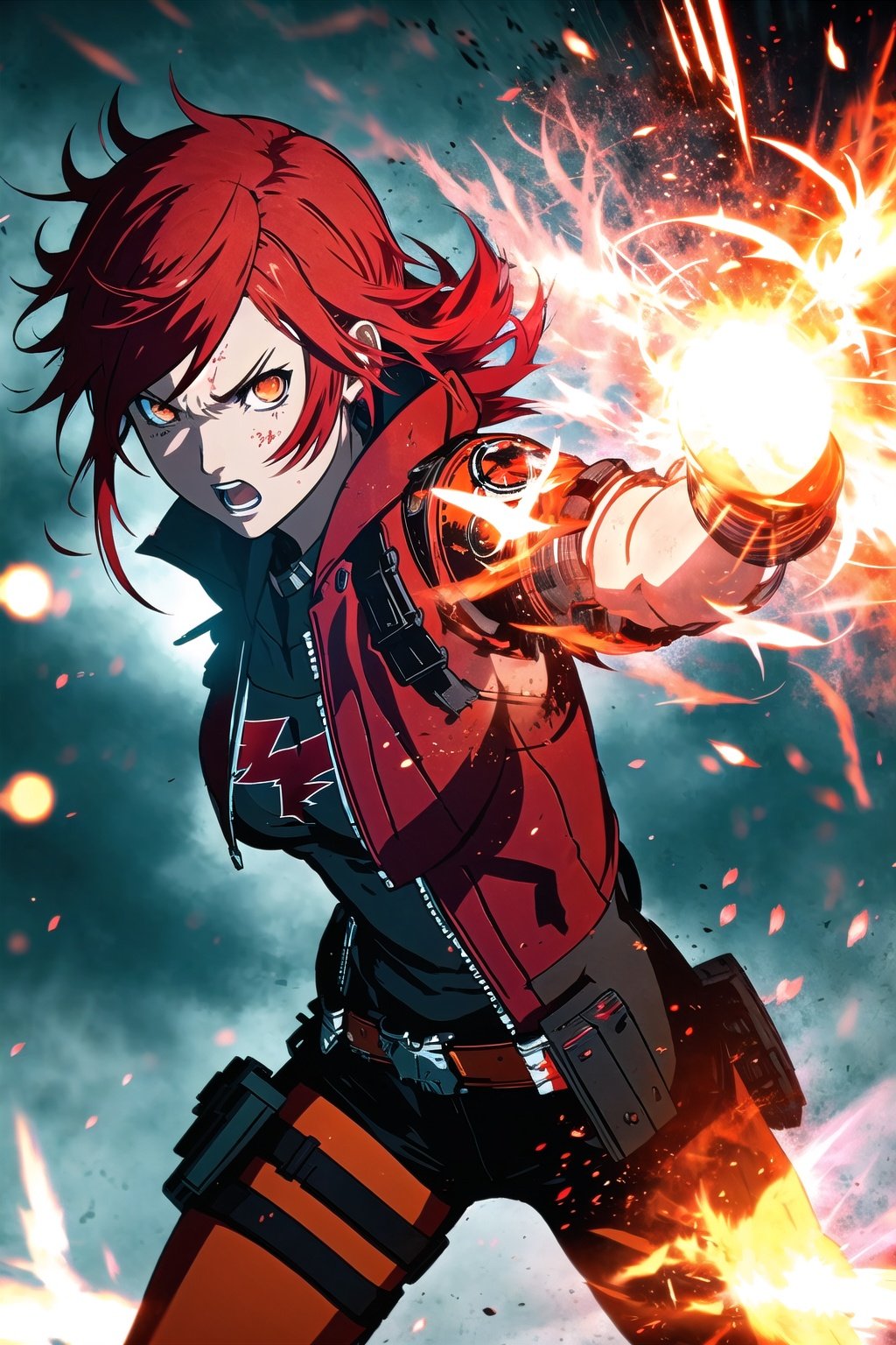 guiltys, angry, a girl, white eyes, red hair, fighting, upper body, (bokeh:1.1), depth of field, by Akihiko Yoshida, tracers, vfx, splashes, lightning, light particles, white background