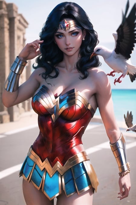 artgerm, 1girl, bare shoulders, bird, black hair, blue eyes, blurry, blurry background, bracelet, breasts, circlet, cleavage, collarbone, dove, jewelry, light smile, lips, long hair, looking at viewer, mature female, parted lips, realistic, solo, strapless, diana prince, wonder woman <lora:stanley_lau_artgerm:1>