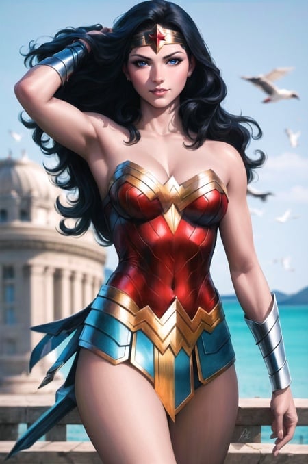artgerm, 1girl, armpit crease, bare shoulders, bird, black hair, blue eyes, blurry, blurry background, bracelet, breasts, circlet, cleavage, collarbone, dove, jewelry, light smile, lips, long hair, looking at viewer, mature female, parted lips, realistic, solo, strapless, diana prince, wonder woman <lora:stanley_lau_artgerm:1>