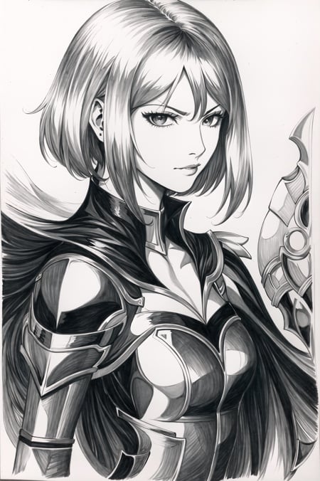 artgerm, masterpiece, best quality, traditional art, 1girl, black collar, blonde hair, cape, closed mouth, collar, from side, furrowed brow, gauntlets, grey eyes, looking at viewer, serious, short hair, shoulder guard, solo, upper body <lora:stanley_lau_artgerm:1.2>
