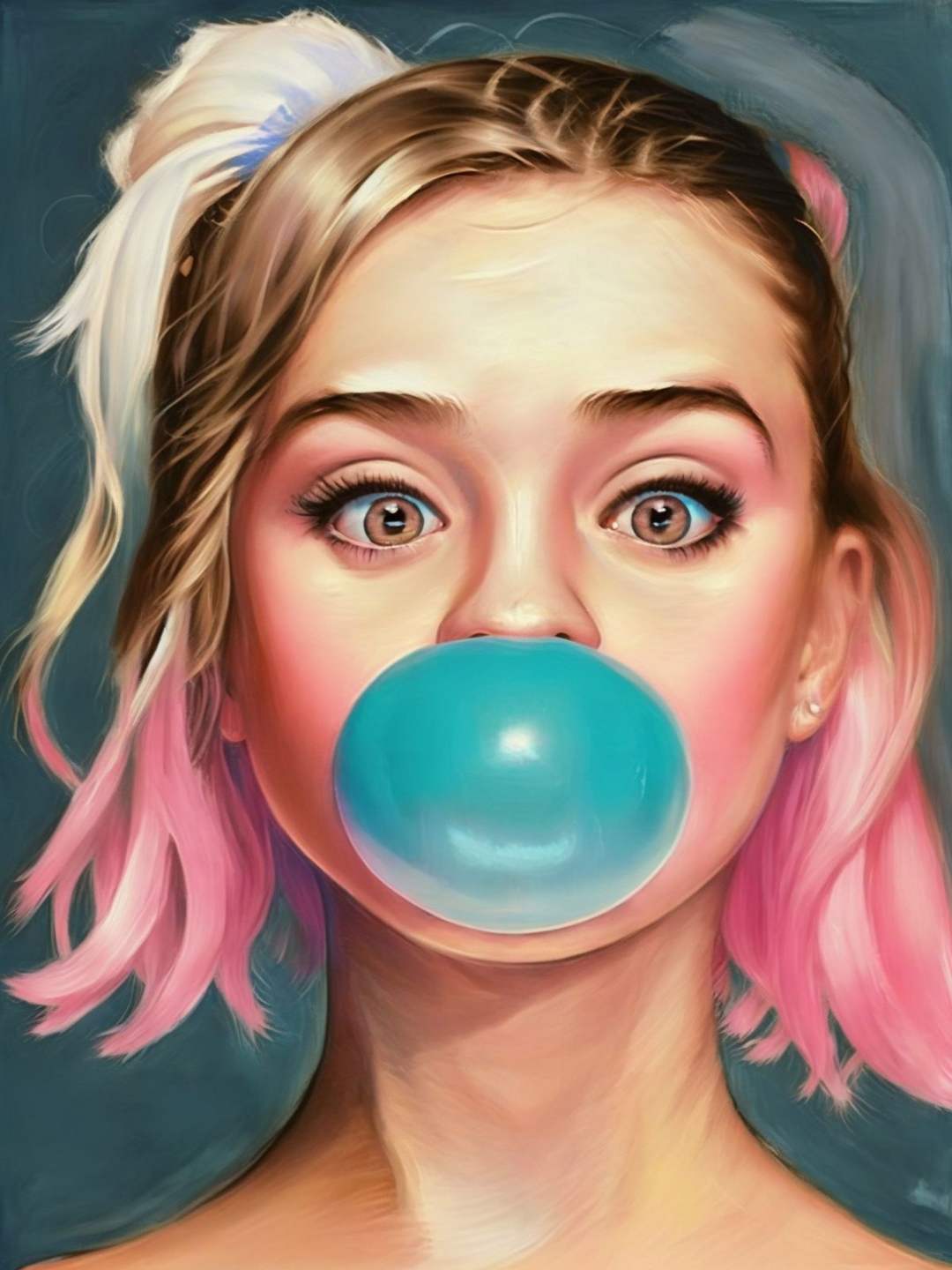 painting in the style, of a teenage girl with bare shoulders and her head turned , navy_blue tones and pale highlights. blowing bubble gum, pink bubble gum <lora:Bubble Gum:1>