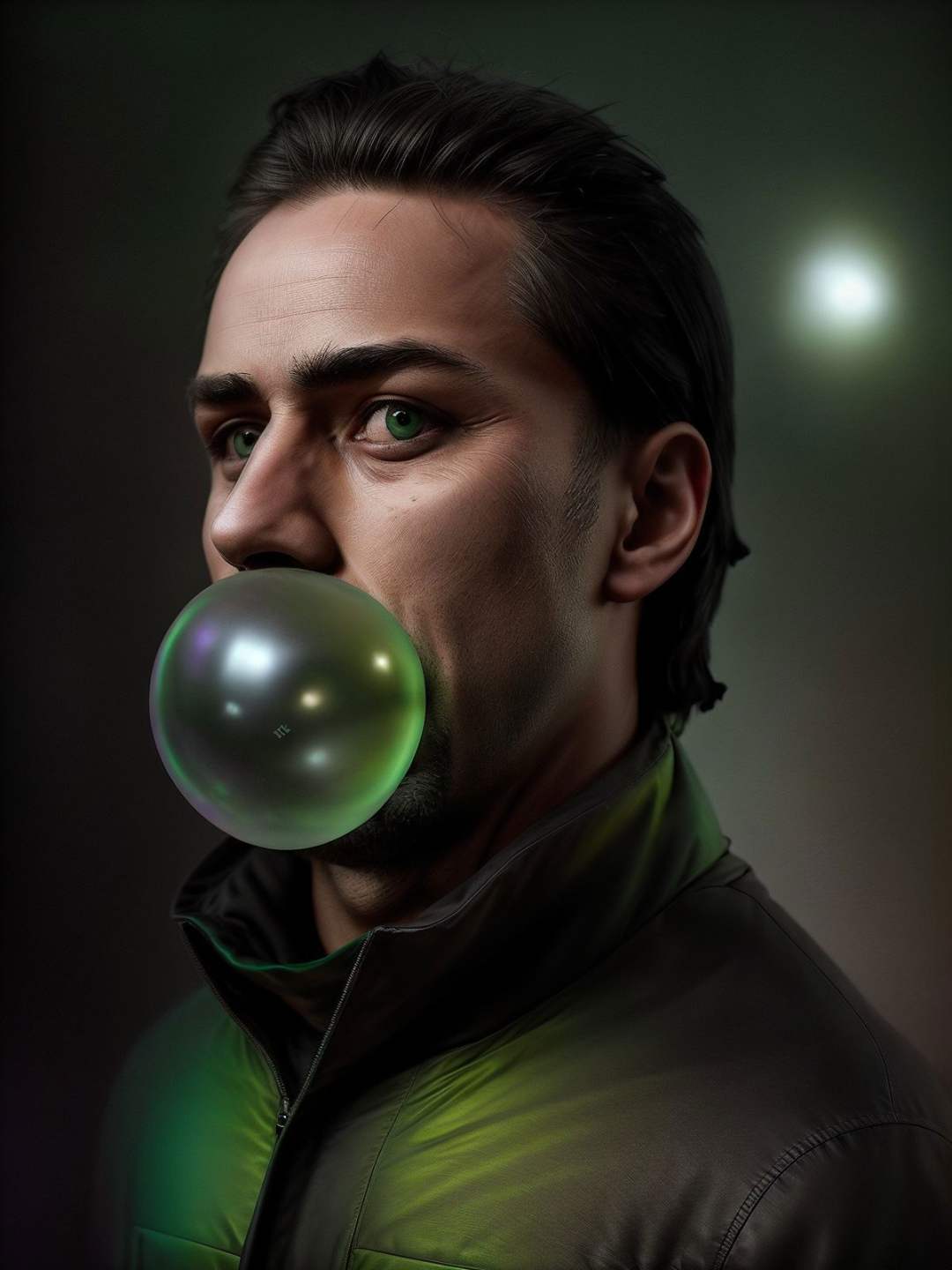 (hdr:1.4), a man, walk away, dark theme, low key, soothing tones, muted colors, high contrast. Inflated bubble gum, blowing bubble gum, green bubble gum, blow gum <lora:Bubble Gum:0.7>