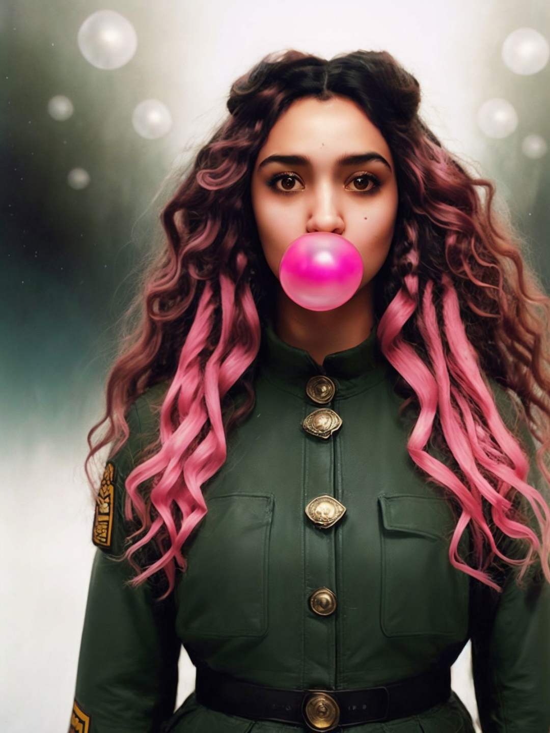 the most beautiful a magical girl with long curly hair and curly curly hair in style of russian military fatigues and black hair, artstation, concept art, smooth, sharp focus, light diffraction, illustration in the style of simon stalenhag, 8 k, hdr, matte, hdr, 8 k, ultrawide render, highly detailed, Trending. blowing bubble gum, pink bubble gum, blow gum  <lora:Bubble Gum:1>