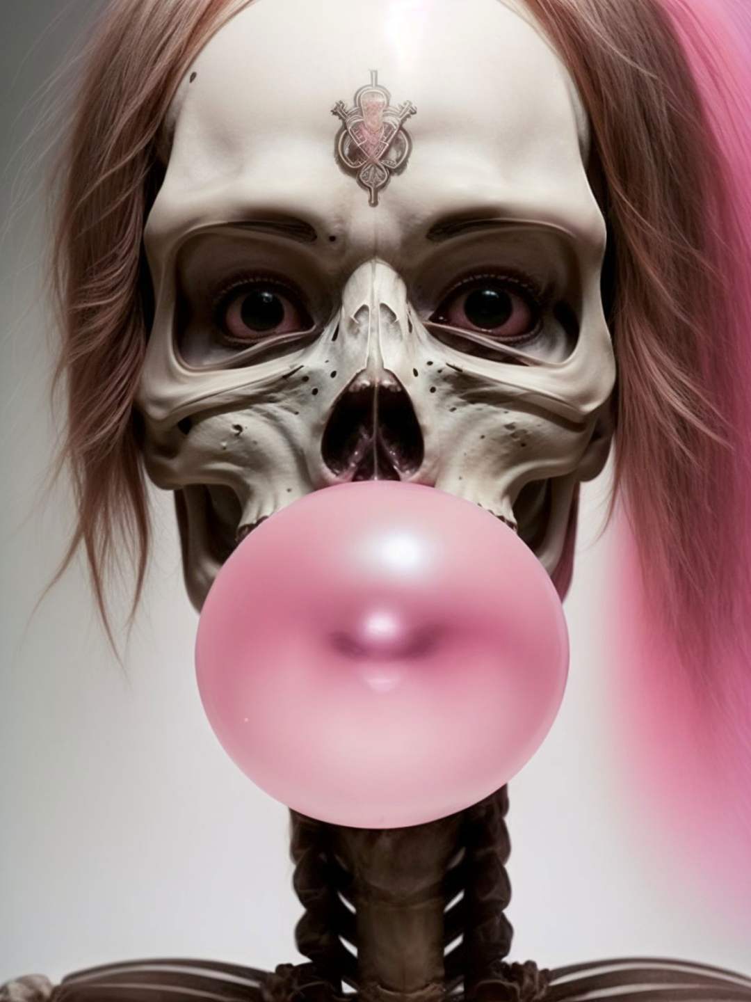 a professional photography of a skeleton meditation, deep meditation, sitting cross-legged, ethereal, hdr, extremely detailed. blowing bubble gum, pink bubble gum <lora:Bubble Gum:0.8>