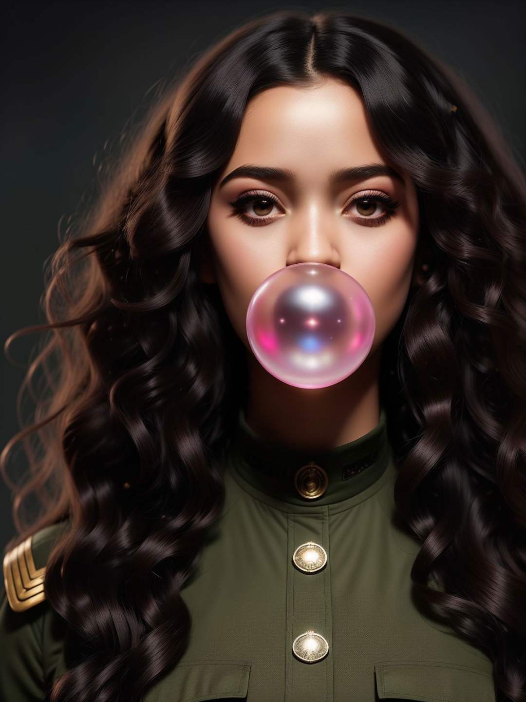 the most beautiful a magical girl blow bubble gum with long curly hair and curly curly hair in style of russian military fatigues and black hair, artstation, concept art, smooth, sharp focus, light diffraction, illustration in the style of simon stalenhag, 8 k, hdr, matte, hdr, 8 k, ultrawide render, highly detailed, Trending. <lora:Bubble Gum_v2.0:0.5>
