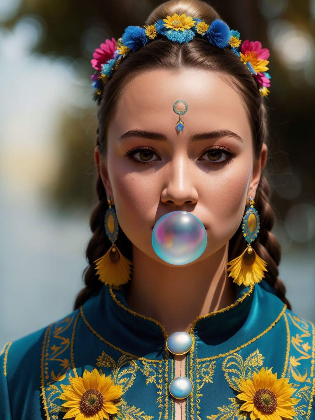 (80mm anamorphic lens flare:0,75), (artful bokeh depth of field:1.6), ((close up photorealistic portrait)), (person Slavic. vyshyvanka outfit, walks proudly above the water surface:1.4), the mermaids with realistic hair, long braids), with delight face expressions looking at walking above the water surface in, (detailed professional photography:1.3), (dark shot:1.2),(cinematic scar on face:0.88), (realistic sweat skin:1.2), (tree on background:1.1), (bent in flowers scene:1.2), Slavic folklore composition, (sunflowers on background:0.81), (blue fur coat:0,88), (outfit yellow and blue color tone), (hdr:1.28), hyperdetailed, cinematic, accent warm light, cold background color tone, intricate details, hyperrealistic, (muted colors:1.38), (neutral colors:1.2), intricate, elegant, sharp focus, (Geof Darrow:1,2), soft lighting, vibrant colors, (high contrast), (masterpiece), (detailed face). blow bubble gum <lora:Bubble Gum_v2.0:0.5>