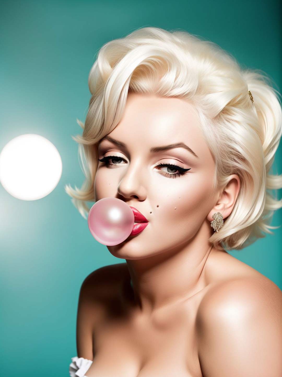 RAW Marilyn Monroe blow bubble gum, looks at the camera, blonde, open shoulders, mole, light background, bokeh, ornate background. <lora:Bubble Gum_v2.0:0.6>