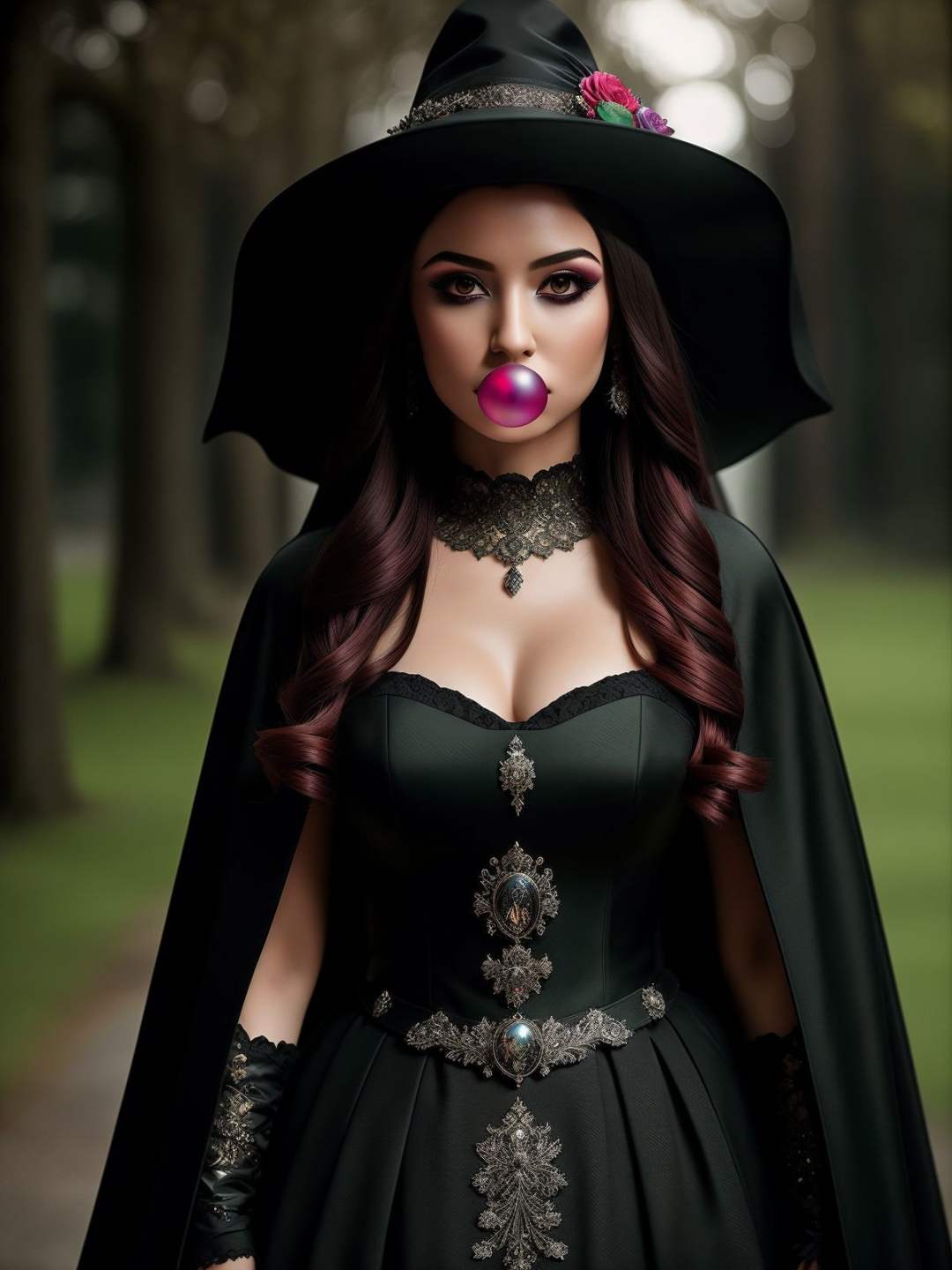 (best quality, masterpiece:1.3), beautiful and aesthetic, formal art, intricate details, ultra detailed, cinematic lighting, detailed shadow, beautiful detailed face, colorful, (epic fantasy theme), graveyard, 1girl blowing bubble gum, witch hat, gothic makeup, cape, grimoire on cape, epic fantasy EXOskeleton costume, large neckline, Nabelle, cybernetic heel, vampire hunter.  <lora:Bubble Gum_v2.0:0.6>