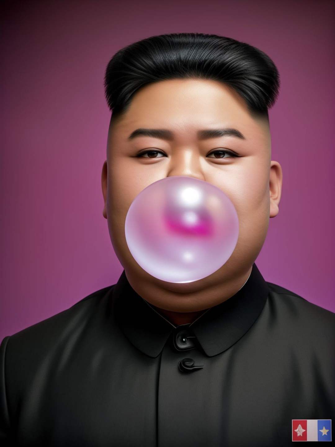 RAW Kim Jong Un blow Bubble Gum, looks at the camera, light background, bokeh, ornate background. <lora:Bubble Gum_v2.0:0.7>