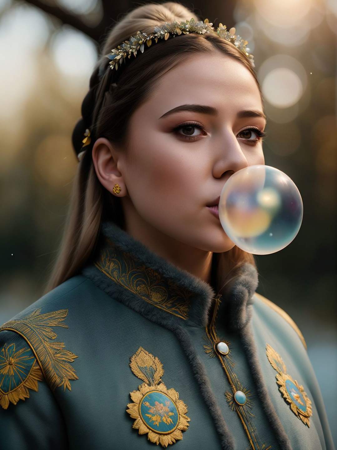 (80mm anamorphic lens flare:0,75), (artful bokeh depth of field:1.6), ((close up photorealistic portrait)), (Vladimir Zelenskyin Ukrainian blow bubble gum. vyshyvanka outfit, walks proudly above the water surface:1.4), the mermaids with realistic blond hair, long braids), with delight face expressions looking at walking above the water surface Jesus, (detailed professional photography:1.3), (dark shot:1.2),(cinematic scar on face:0.88), (realistic sweat skin:1.2), (tree on background:1.1), (bent in flowers scene:1.2), Ukrainian folklore composition, (sunflowers on background:0.81), (blue fur coat:0,88), (outfit yellow and blue color tone), (hdr:1.28), hyperdetailed, cinematic, accent warm light, cold background color tone, intricate details, hyperrealistic, (muted colors:1.38), (neutral colors:1.2), intricate, elegant, sharp focus, (Geof Darrow:1,2), soft lighting, vibrant colors, (high contrast), (masterpiece), (detailed face). <lora:Bubble Gum_v2.0:0.6>