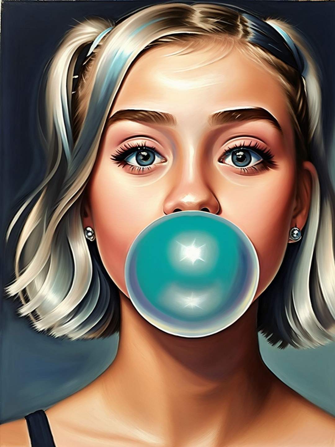 painting in the style, of a teenage girl blowing bubble gum with bare shoulders and her head turned , navy_blue tones and pale highlights. <lora:Bubble Gum_v2.0:0.6>
