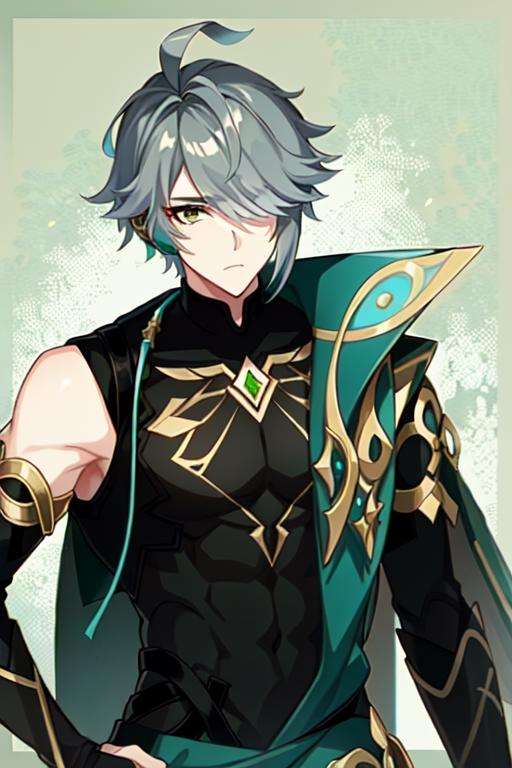 alhaitham\(genshin impact\), 1boy, male focus, hair over one eye, solo, grey hair, bangs, looking at viewer, cape, green cape, shirt, closed mouth, ahoge, sleeveless shirt, gem, gloves, upper body, short hair, detached sleeves, gold trim, green eyes, black shirt, swept bangs, sleeveless, one eye covered, abs, black gloves<lora:alhaitham:0.8>