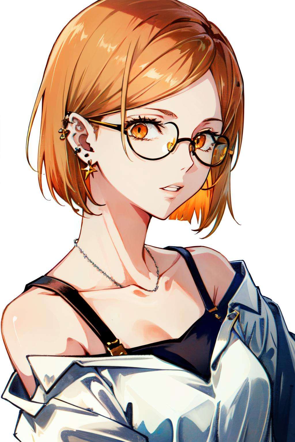 <lora:nobara:1> kugisaki nobara, jewelry, hair behind ear, simple background, round eyewear, glasses, white background, off shoulder, ear piercing, solo, orange eyes, collarbone, white shirt, orange hair, piercing, earrings, shirt, parted lips, 1girl, short hair