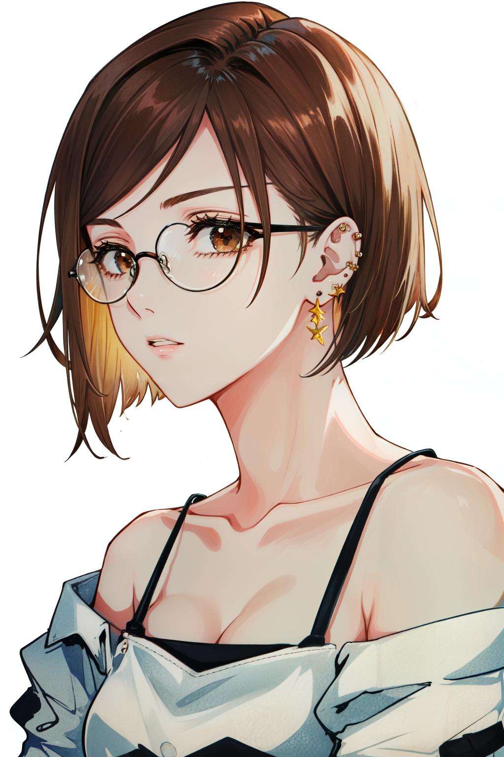 <lora:nobara:1> kugisaki nobara, jewelry, hair behind ear, simple background, round eyewear, glasses, white background, off shoulder, ear piercing, solo, brown eyes, collarbone, white shirt, brown hair, piercing, earrings, shirt, parted lips, 1girl, short hair