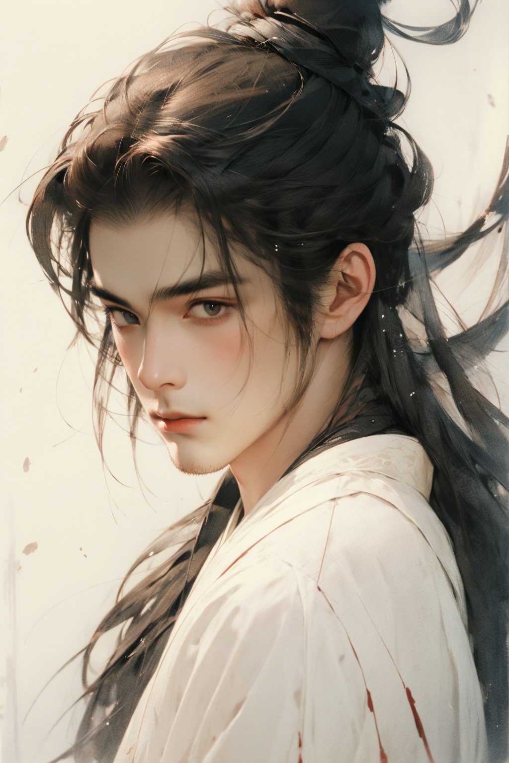 masterpiece, best quality, 8k, cinematic light, ultra high res, 1boy, solo, long hair, hanfu, looking at viewer, portrait, black hair, closed mouth, white background, chinese painting, chinese art, <lora:chinese-art_05:1>