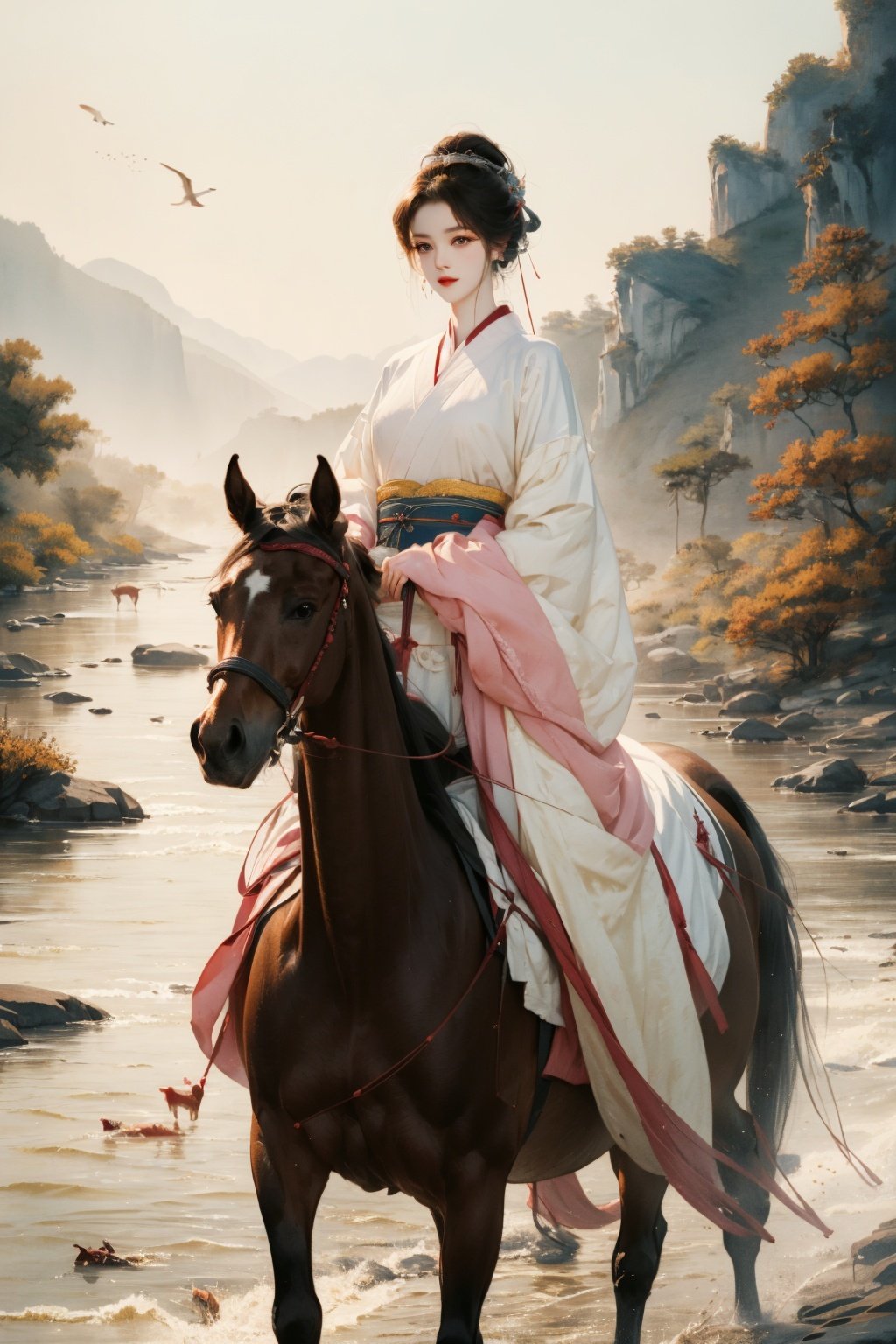 masterpiece, best quality, 8k, cinematic light, ultra high res, 1girl, ride a horse, river, horses on the river, chinese clothes, hanfu, looking at viewer, chinese painting, chinese art, <lora:chinese-art_05:1>