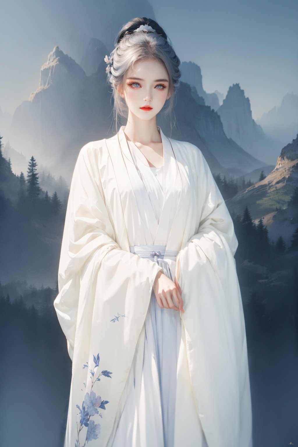 masterpiece, best quality, 8k, cinematic light, ultra high res, chinese painting, 1girl, silver_hair, blue eyes, chinese art, chinese clothes, <lora:chinese-art_05:1:TEST>