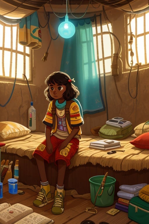 a Peruvian woman in a futuristic room  in Senegal, post apocalyptic, kid, <lora:COOLKIDS_V2:1>