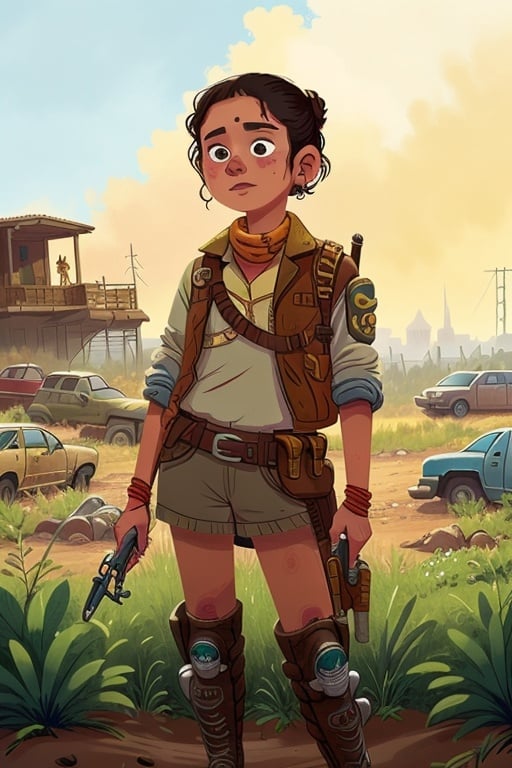 a girl in a wasteland, post apocalyptic, indian<lora:COOLKIDS_V2:1>