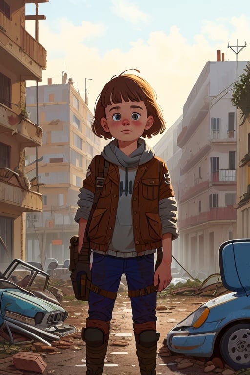 a Swedish woman in a destroyed city  in Spain, post apocalyptic, kid, <lora:COOLKIDS_V2:1>