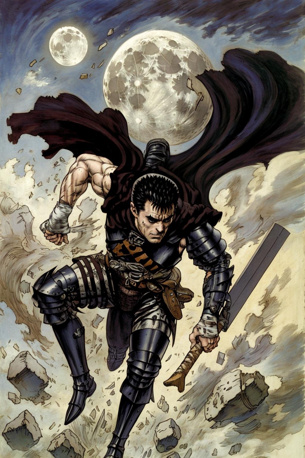 masterpiece, best quality, ultra-detailed, illustration, guts \(berserk\), solo,  dynamic angle, from above, running fighting stance, attack battle form, floating debris dust stones winds,armor,  one eye closed, scar, bandages, black hair, cape, male focus, manly, traditional media, weapon, full moon
