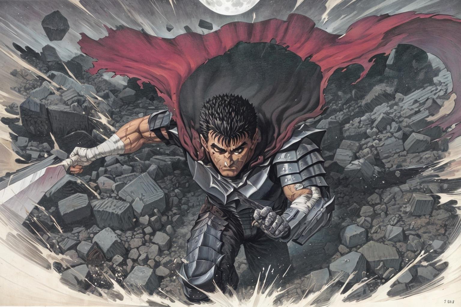 masterpiece, best quality, highly detailed, guts \(berserk\),  dynamic angle, from above, running fighting stance, attack battle form, floating debris dust stones winds,armor,  one eye closed, scar, bandages, black hair, cape, male focus, manly, holding sword, huge sword, holding, traditional media, weapon, full moon