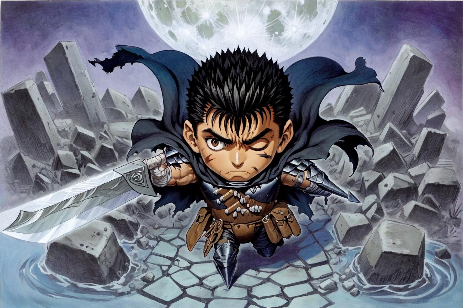 masterpiece, best quality, highly detailed, guts \(berserk\), (chibi:1.3),  dynamic angle, from above, running fighting stance, attack battle form, floating debris dust stones winds,armor,  one eye closed, scar, bandages, black hair, cape, male focus, manly, holding sword, huge sword, holding, traditional media, weapon, full moon