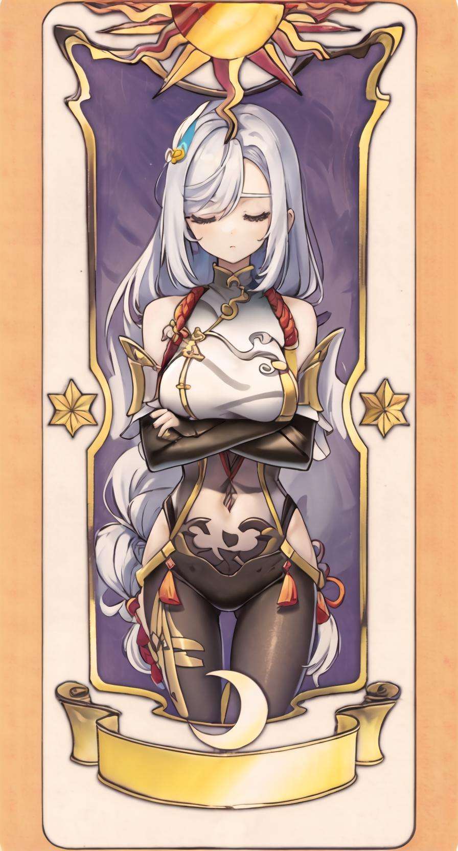 masterpiece, best quality, 1girl, shenhe (genshin impact), crossed arms, closed eyes, card, solo, tarot, bodysuit, bangs, breast curtain, large breasts, shoulder cutout,  braided ponytail, partially fingerless gloves, white hair   <lora:Shenhe_Hard:0.55>